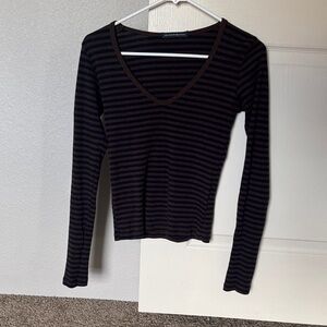 Brandy Melville Black and Brown Striped V-Neck Blouse